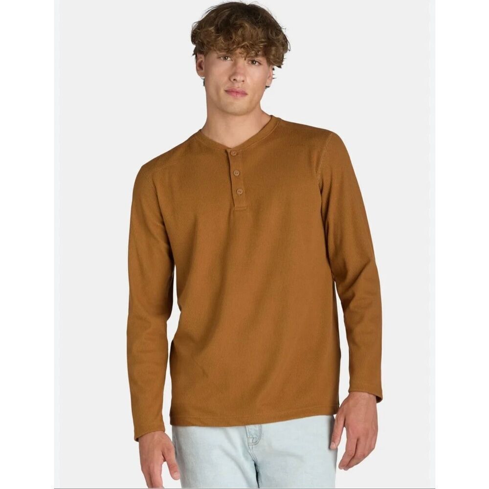 ✅ Burnside Men’s Sienna Brown Thermal Henley Long Sleeve Shirt Size Medium
